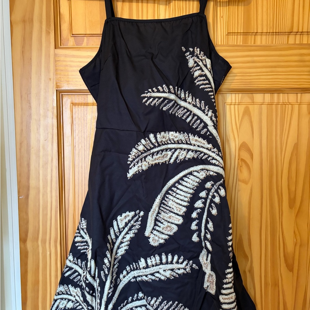 SHEIN Black Dress with White Leaf Embroidery